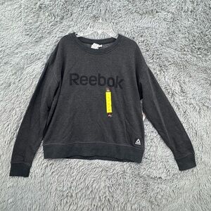 Reebok Sweatshirt Womens Large Fleece Crewneck New Gray Black Spellout Comfy